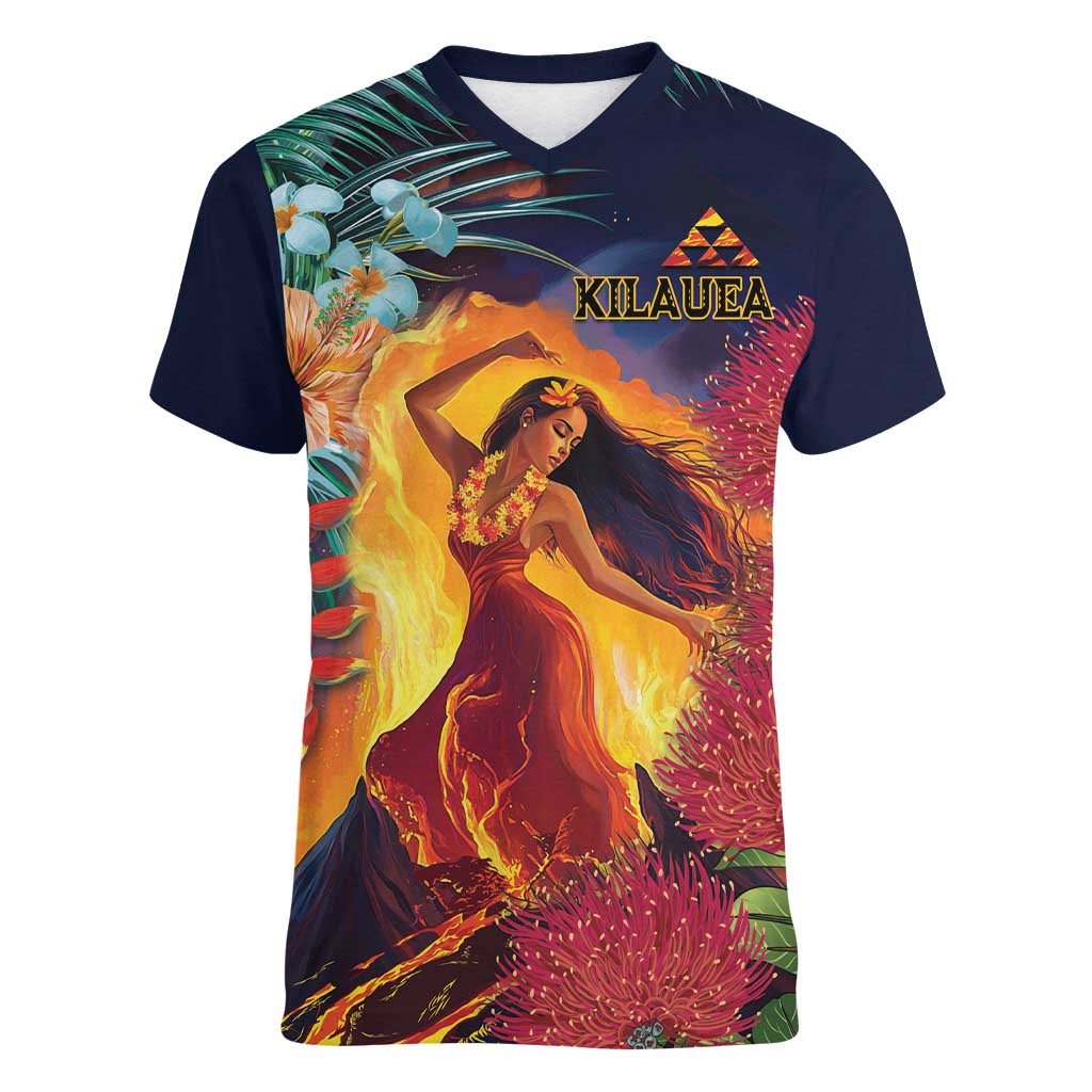 Hawaii Kilauea Big Islands Women V-Neck T-Shirt Pele Goddess With Tropical Flowers