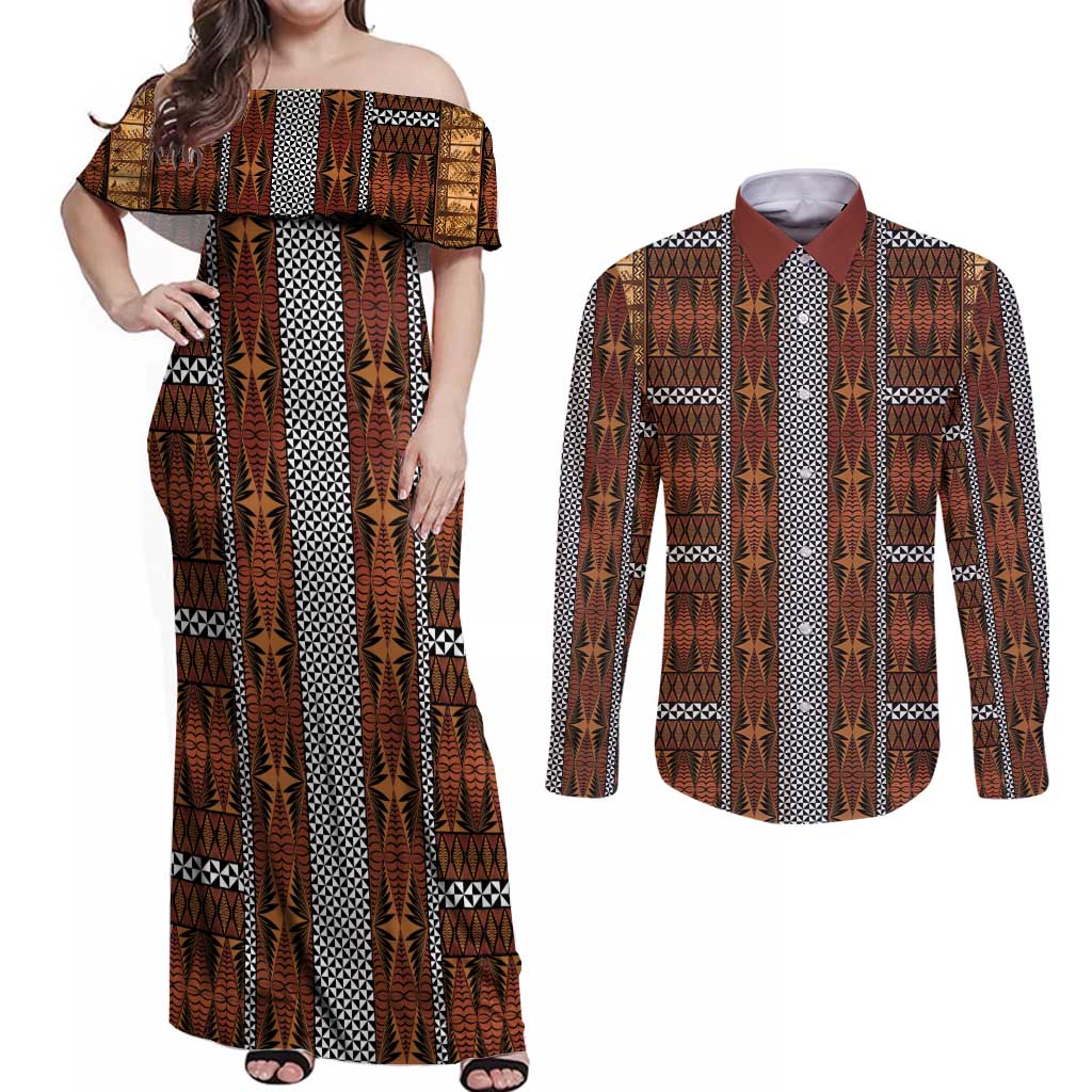 Malo e Lelei Tonga Couples Matching Off Shoulder Maxi Dress and Long Sleeve Button Shirt Tongan Ngatu Tapa Cloth - Polynesian Pride