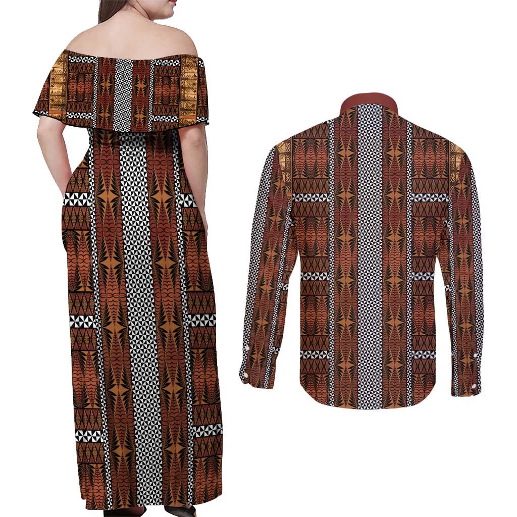 Malo e Lelei Tonga Couples Matching Off Shoulder Maxi Dress and Long Sleeve Button Shirt Tongan Ngatu Tapa Cloth - Polynesian Pride