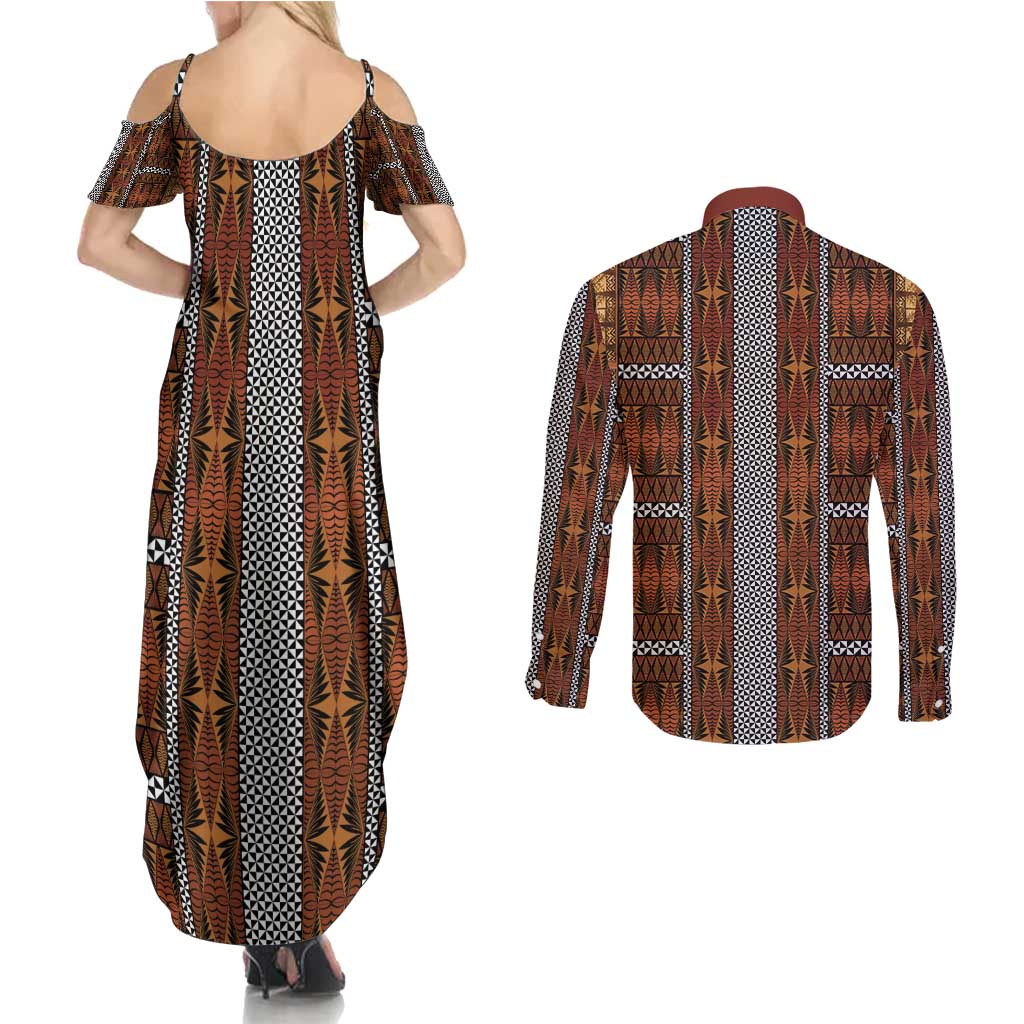 Malo e Lelei Tonga Couples Matching Summer Maxi Dress and Long Sleeve Button Shirt Tongan Ngatu Tapa Cloth - Polynesian Pride