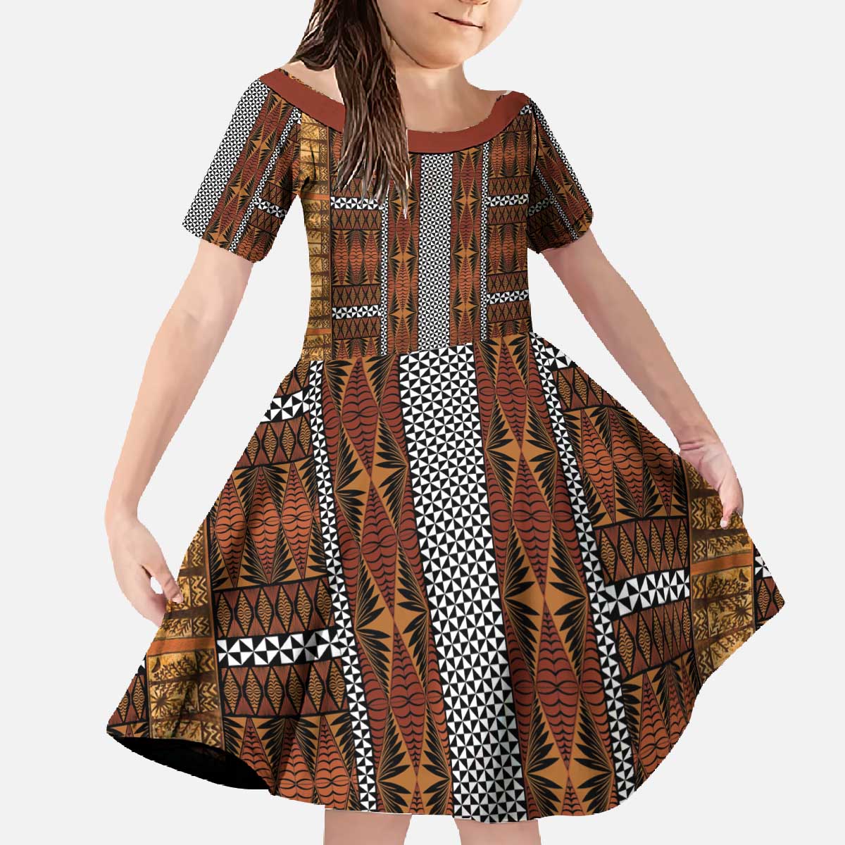 Malo e Lelei Tonga Family Matching Off The Shoulder Long Sleeve Dress and Hawaiian Shirt Tongan Ngatu Tapa Cloth LT14 Daughter's Dress Orange - Polynesian Pride