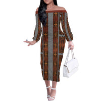 Malo e Lelei Tonga Family Matching Off The Shoulder Long Sleeve Dress and Hawaiian Shirt Tongan Ngatu Tapa Cloth LT14 Mom's Dress Orange - Polynesian Pride
