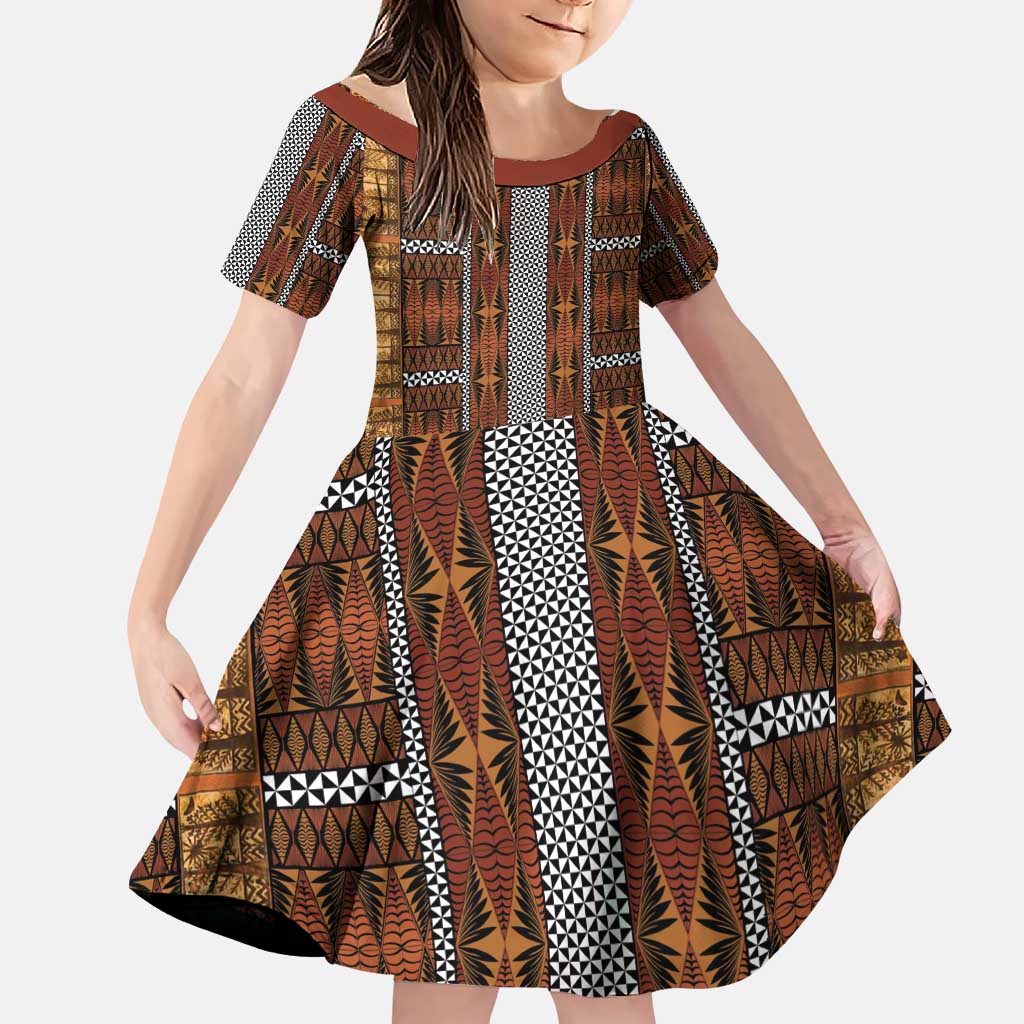 Malo e Lelei Tonga Family Matching Puletasi and Hawaiian Shirt Tongan Ngatu Tapa Cloth LT14 Daughter's Dress Orange - Polynesian Pride