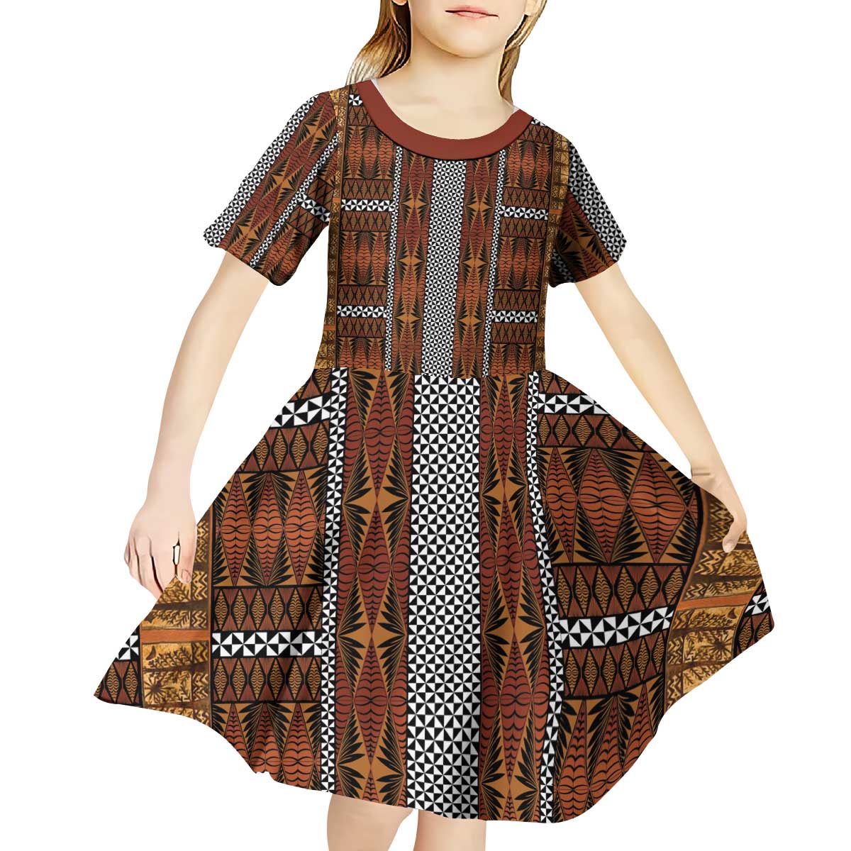 Malo e Lelei Tonga Kid Short Sleeve Dress Tongan Ngatu Tapa Cloth - Polynesian Pride