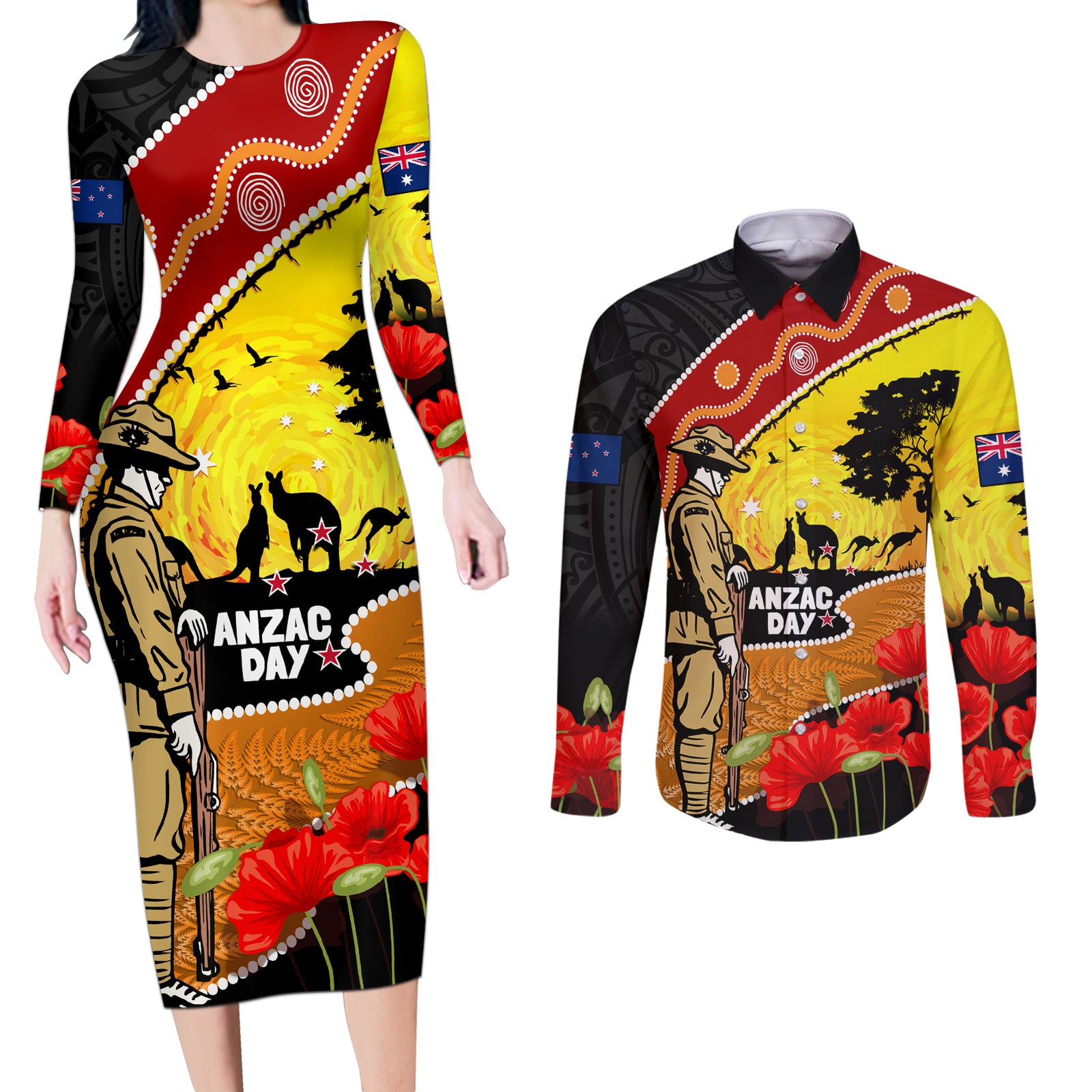 New Zealand And Australia ANZAC Day Couples Matching Long Sleeve Bodycon Dress and Long Sleeve Button Shirt Aboriginal Maori Starring Night Style LT14 Gold - Polynesian Pride
