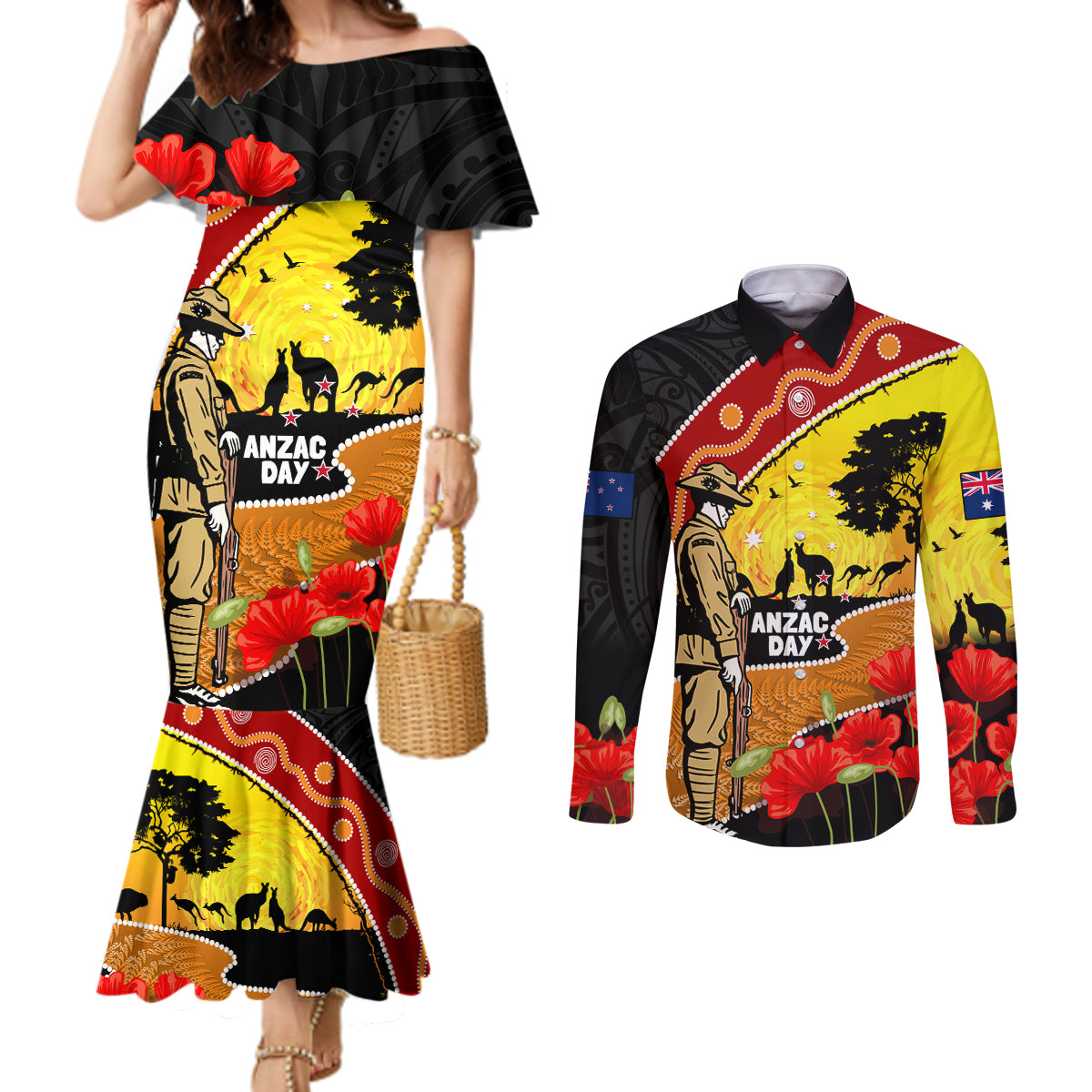 New Zealand And Australia ANZAC Day Couples Matching Mermaid Dress and Long Sleeve Button Shirt Aboriginal Maori Starring Night Style LT14 Gold - Polynesian Pride