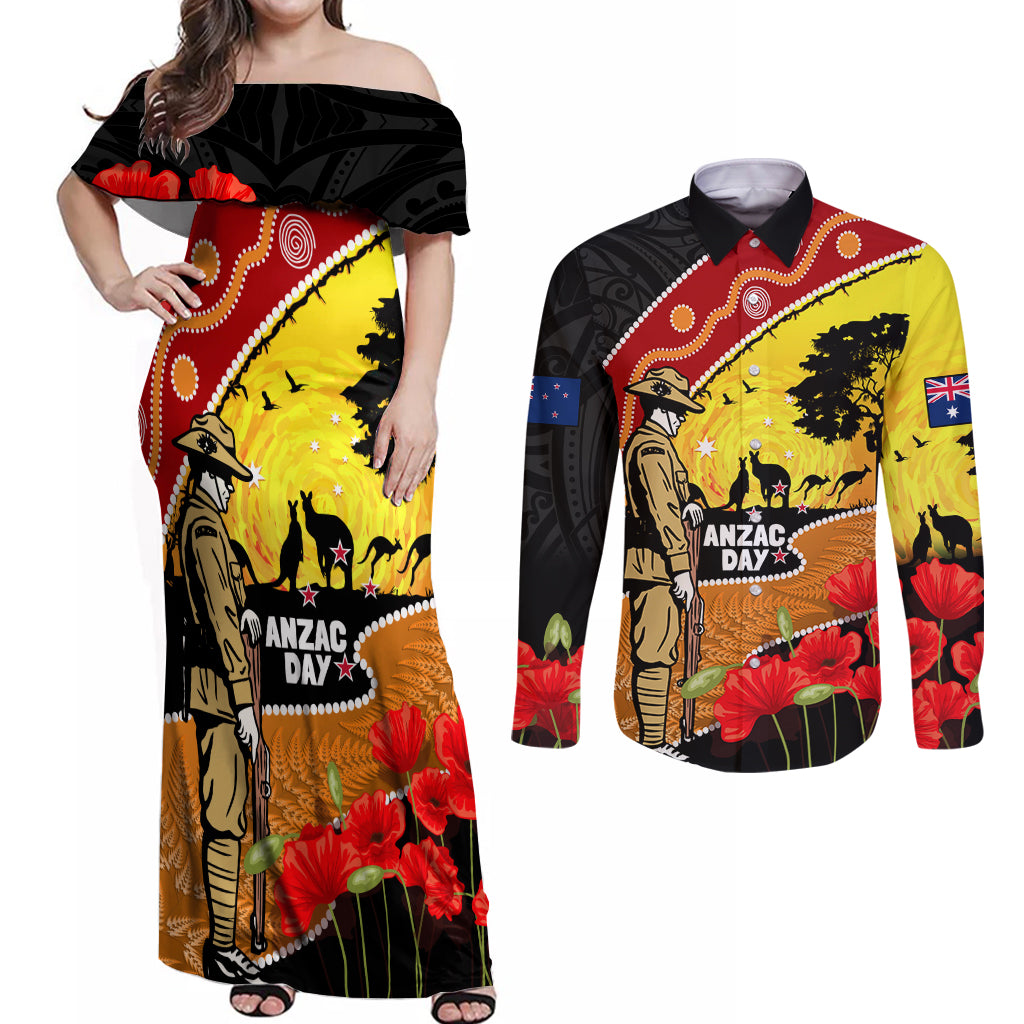 New Zealand And Australia ANZAC Day Couples Matching Off Shoulder Maxi Dress and Long Sleeve Button Shirt Aboriginal Maori Starring Night Style LT14 Gold - Polynesian Pride