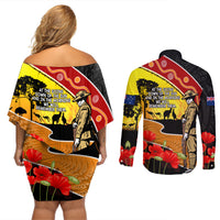 New Zealand And Australia ANZAC Day Couples Matching Off Shoulder Short Dress and Long Sleeve Button Shirt Aboriginal Maori Starring Night Style LT14 - Polynesian Pride