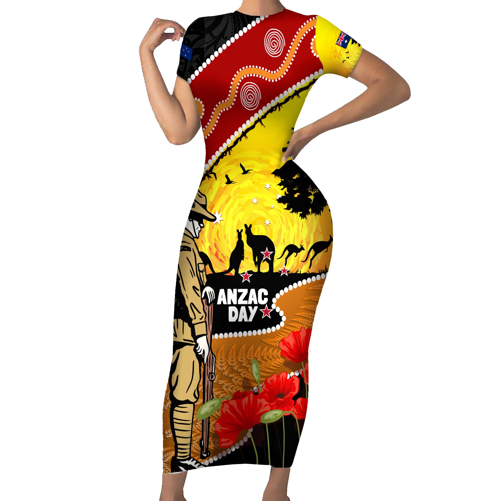 New Zealand And Australia ANZAC Day Short Sleeve Bodycon Dress Aboriginal Maori Starring Night Style LT14 Long Dress Gold - Polynesian Pride