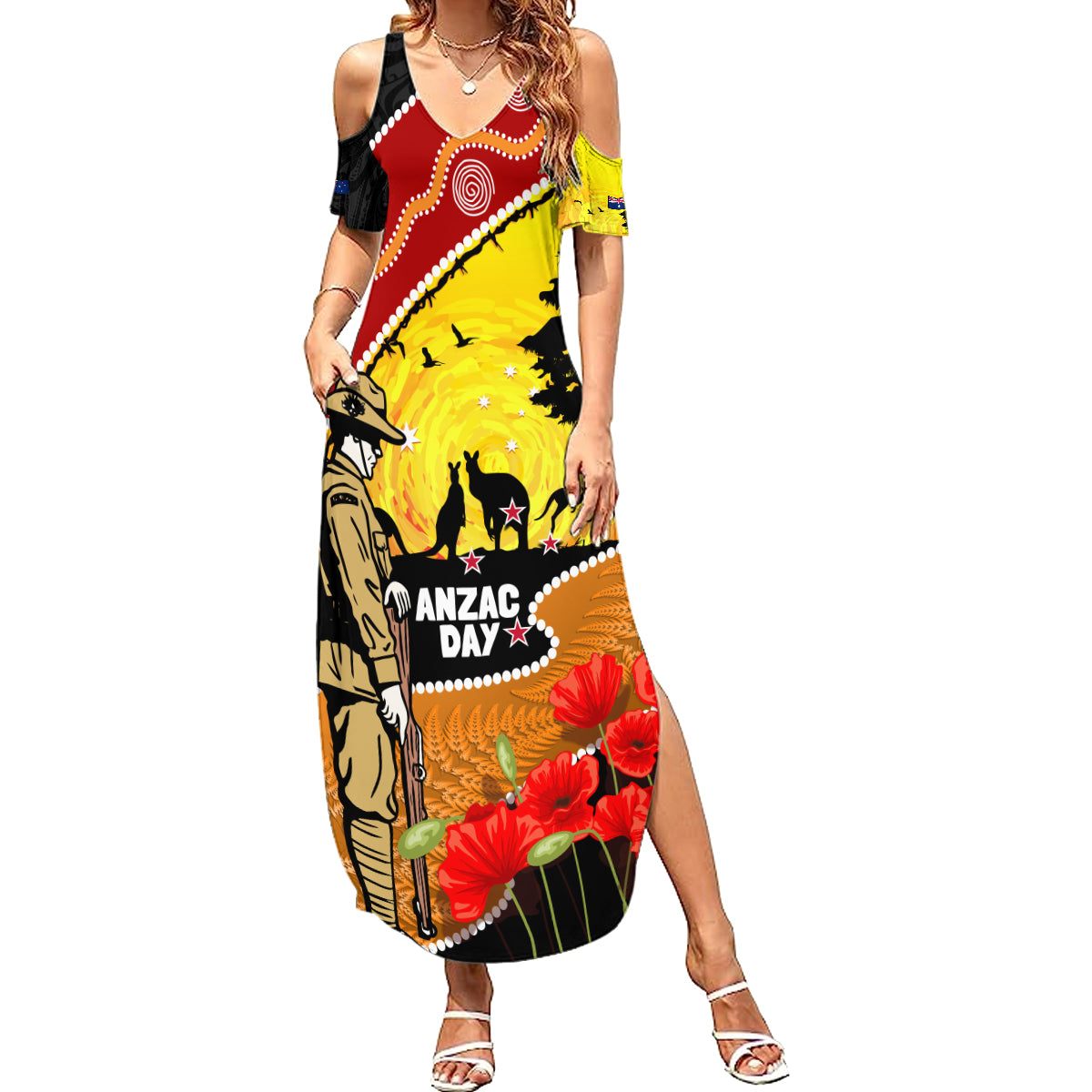 New Zealand And Australia ANZAC Day Summer Maxi Dress Aboriginal Maori Starring Night Style LT14 Women Gold - Polynesian Pride