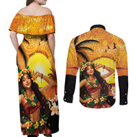Aloha Hawaii Women's Day Couples Matching Off Shoulder Maxi Dress and Long Sleeve Button Shirt Hula Girl With Sunset Vibes LT14 - Polynesian Pride