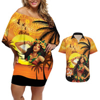Aloha Hawaii Women's Day Couples Matching Off Shoulder Short Dress and Hawaiian Shirt Hula Girl With Sunset Vibes LT14 Yellow - Polynesian Pride