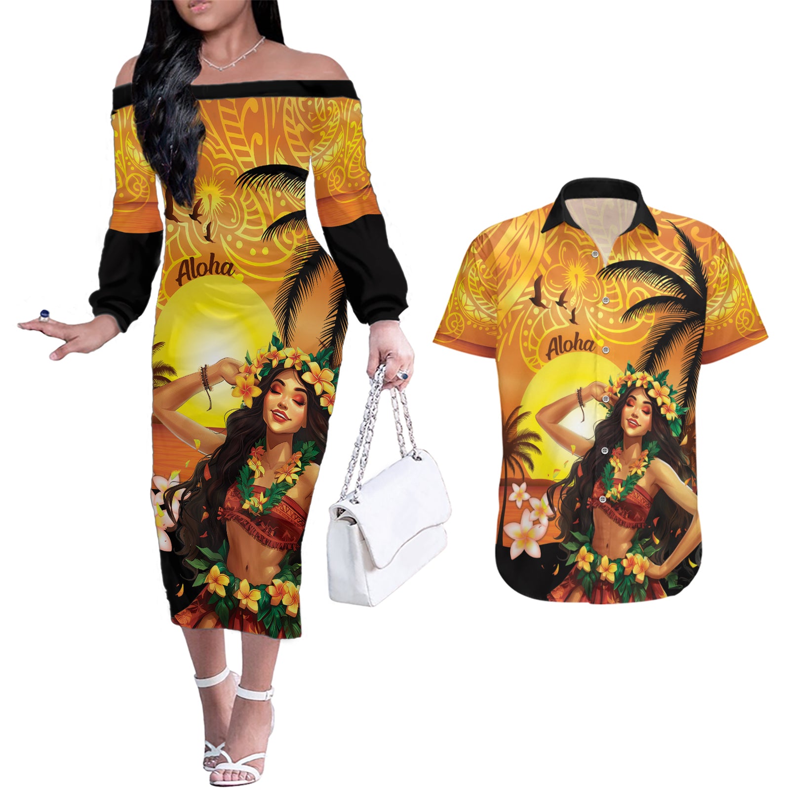 Aloha Hawaii Women's Day Couples Matching Off The Shoulder Long Sleeve Dress and Hawaiian Shirt Hula Girl With Sunset Vibes LT14 Yellow - Polynesian Pride