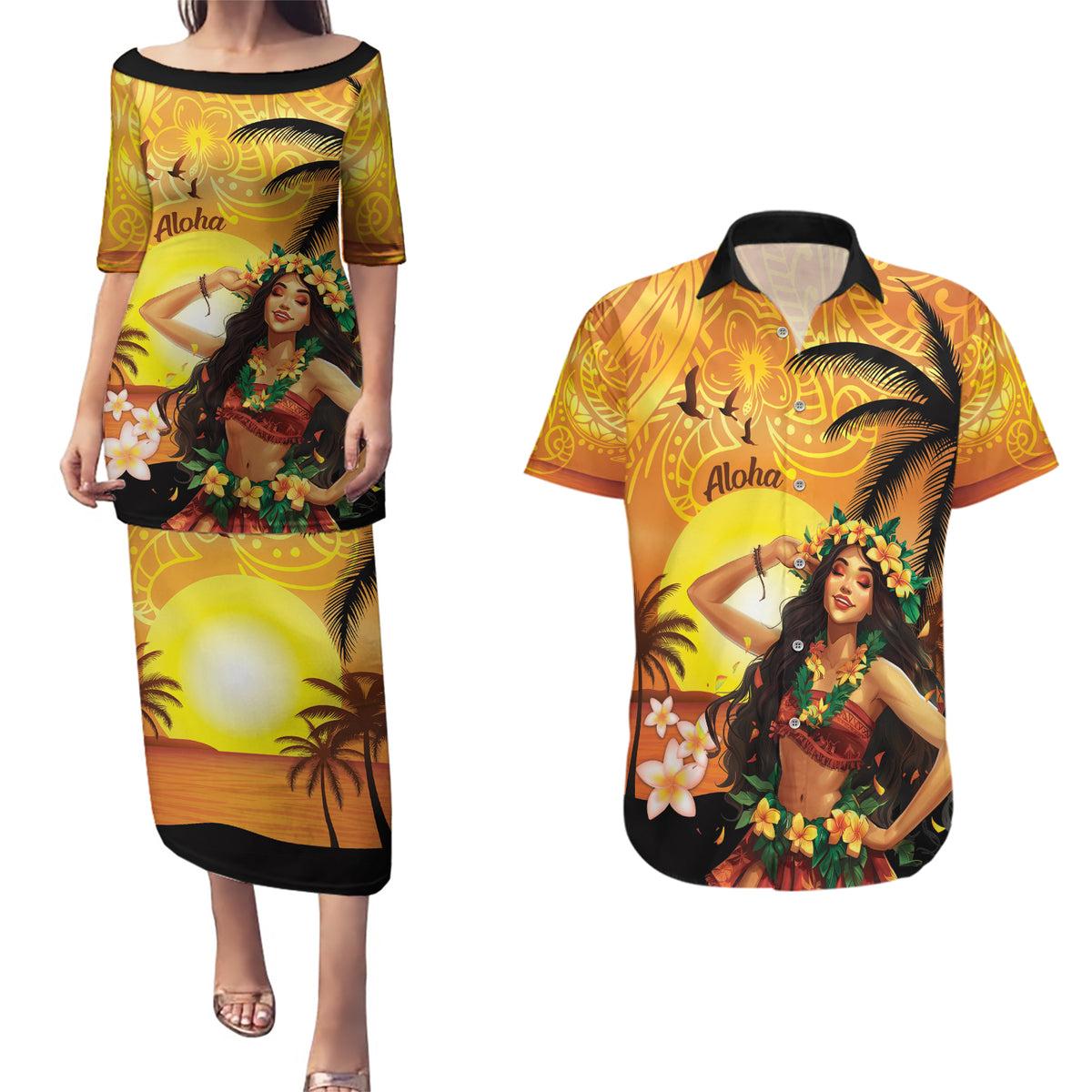 Aloha Hawaii Women's Day Couples Matching Puletasi and Hawaiian Shirt Hula Girl With Sunset Vibes LT14 Yellow - Polynesian Pride