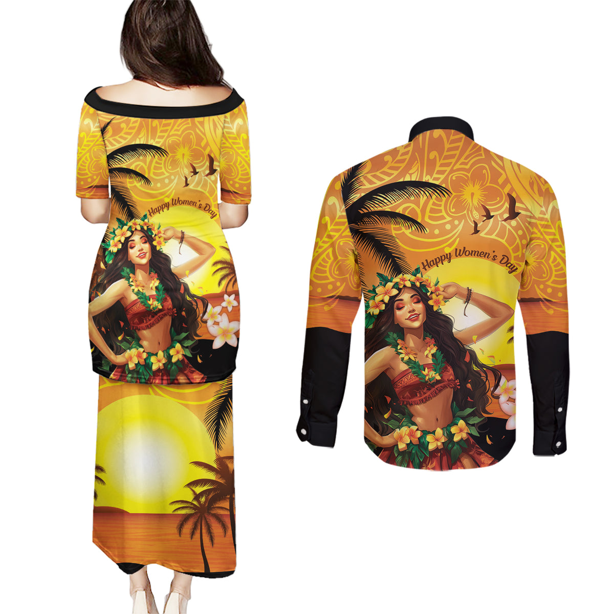 Aloha Hawaii Women's Day Couples Matching Puletasi and Long Sleeve Button Shirt Hula Girl With Sunset Vibes LT14 - Polynesian Pride