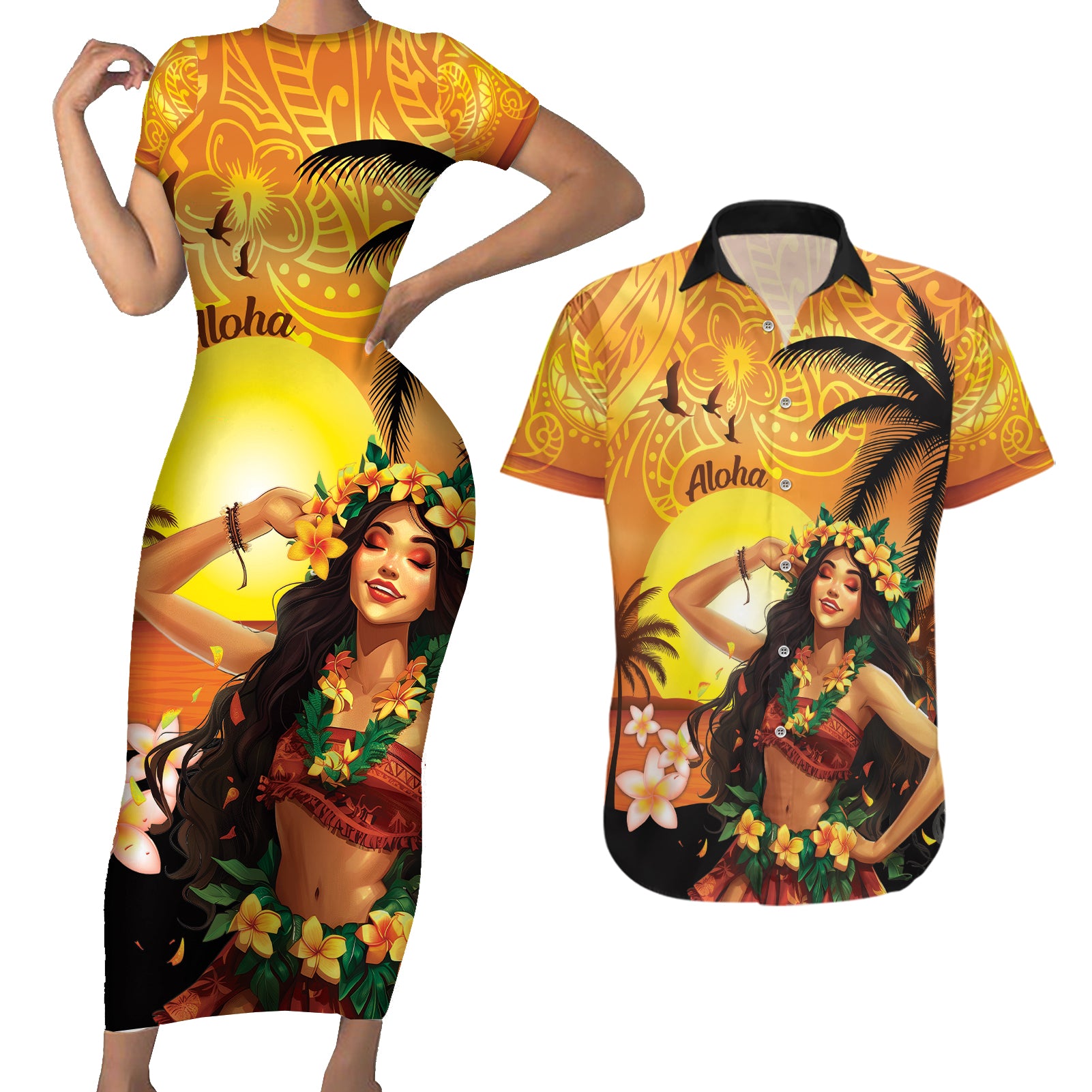 Aloha Hawaii Women's Day Couples Matching Short Sleeve Bodycon Dress and Hawaiian Shirt Hula Girl With Sunset Vibes LT14 Yellow - Polynesian Pride