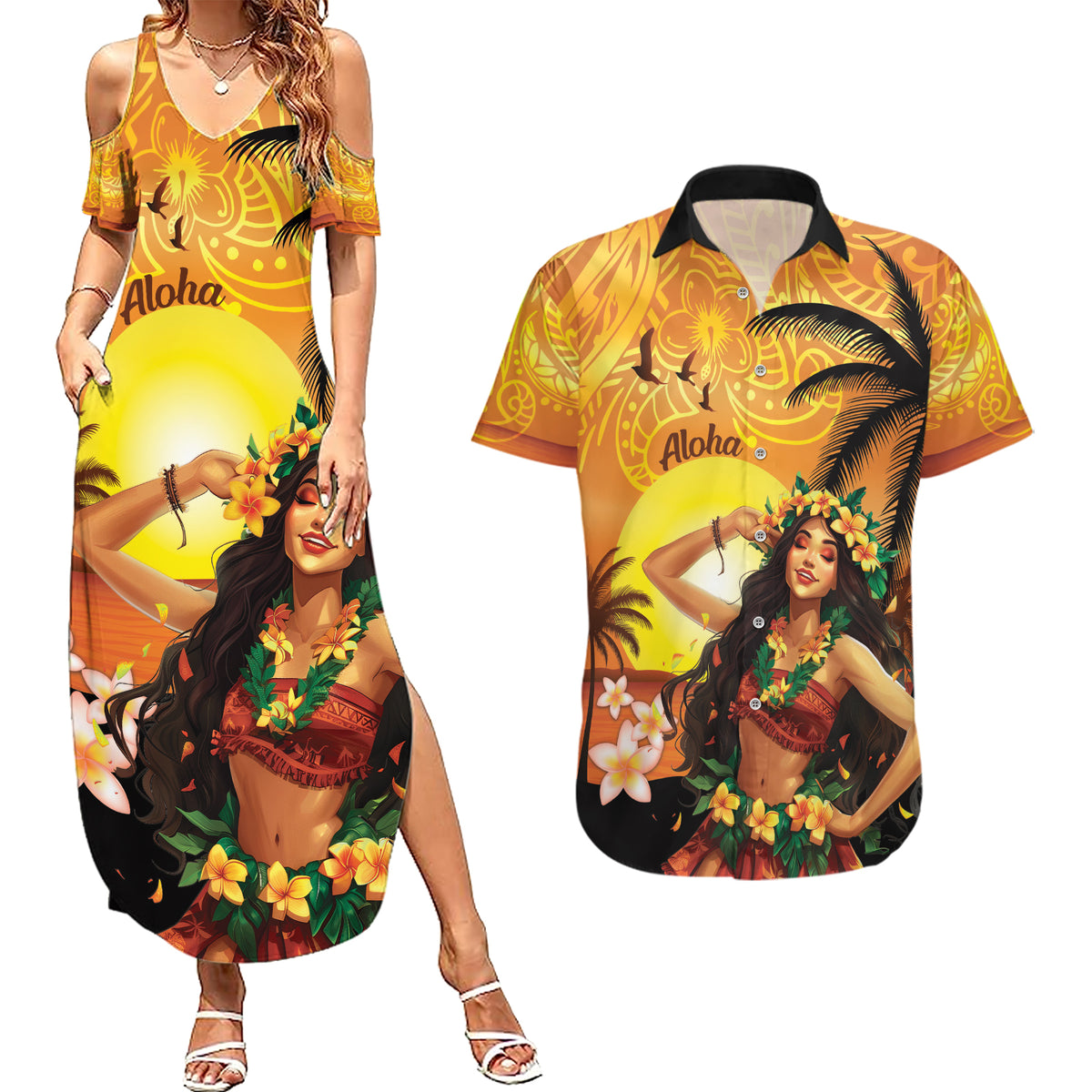 Aloha Hawaii Women's Day Couples Matching Summer Maxi Dress and Hawaiian Shirt Hula Girl With Sunset Vibes LT14 Yellow - Polynesian Pride