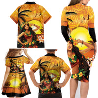 Aloha Hawaii Women's Day Family Matching Long Sleeve Bodycon Dress and Hawaiian Shirt Hula Girl With Sunset Vibes LT14 - Polynesian Pride