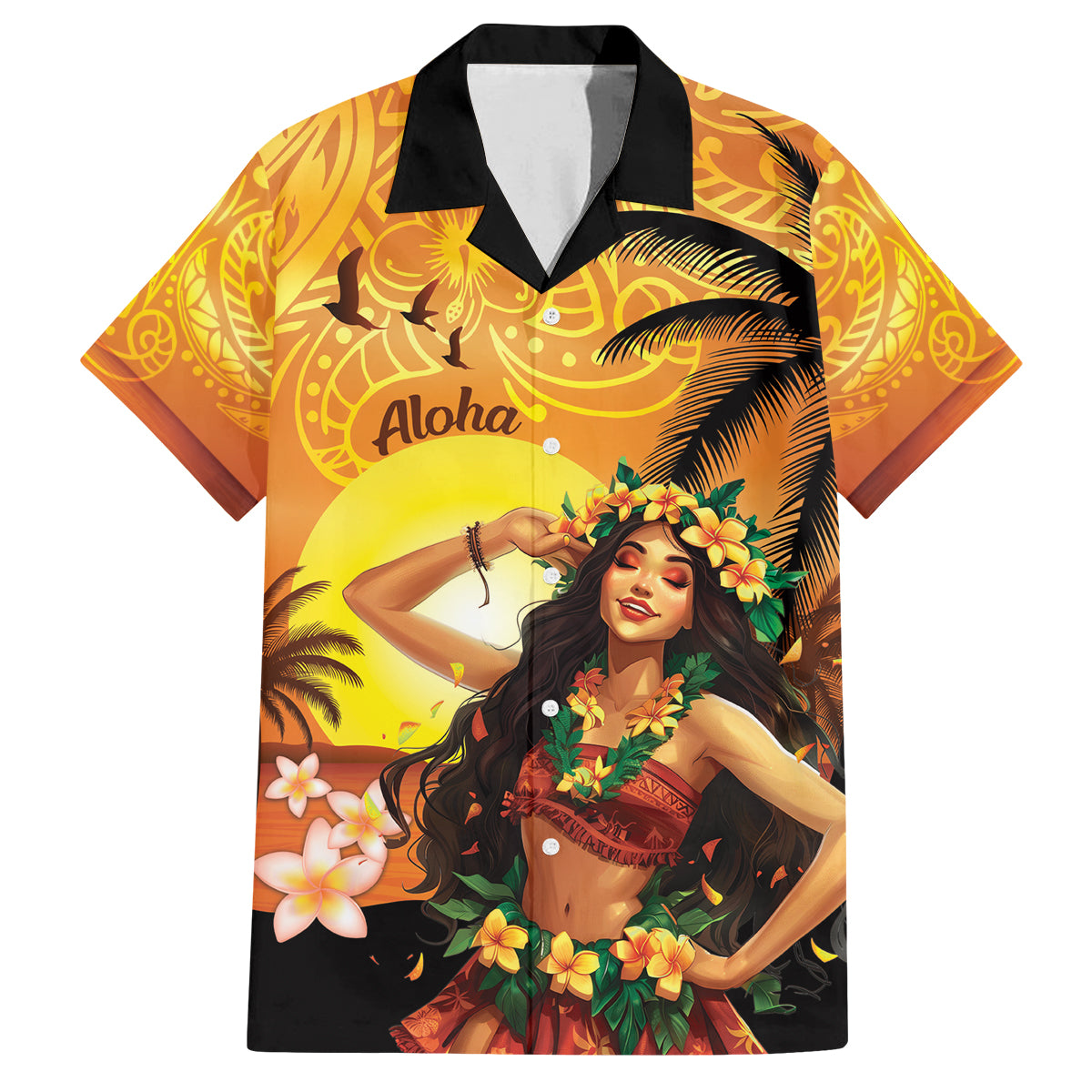Aloha Hawaii Women's Day Family Matching Long Sleeve Bodycon Dress and Hawaiian Shirt Hula Girl With Sunset Vibes LT14 Dad's Shirt - Short Sleeve Yellow - Polynesian Pride