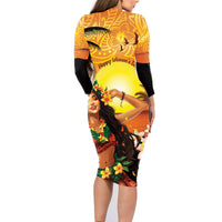 Aloha Hawaii Women's Day Family Matching Long Sleeve Bodycon Dress and Hawaiian Shirt Hula Girl With Sunset Vibes LT14 - Polynesian Pride