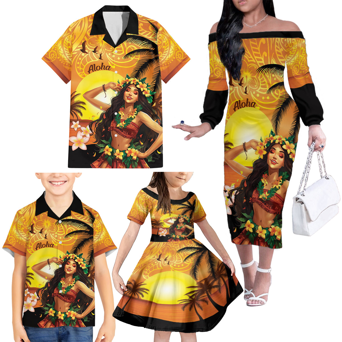 Aloha Hawaii Women's Day Family Matching Off Shoulder Long Sleeve Dress and Hawaiian Shirt Hula Girl With Sunset Vibes LT14 - Polynesian Pride