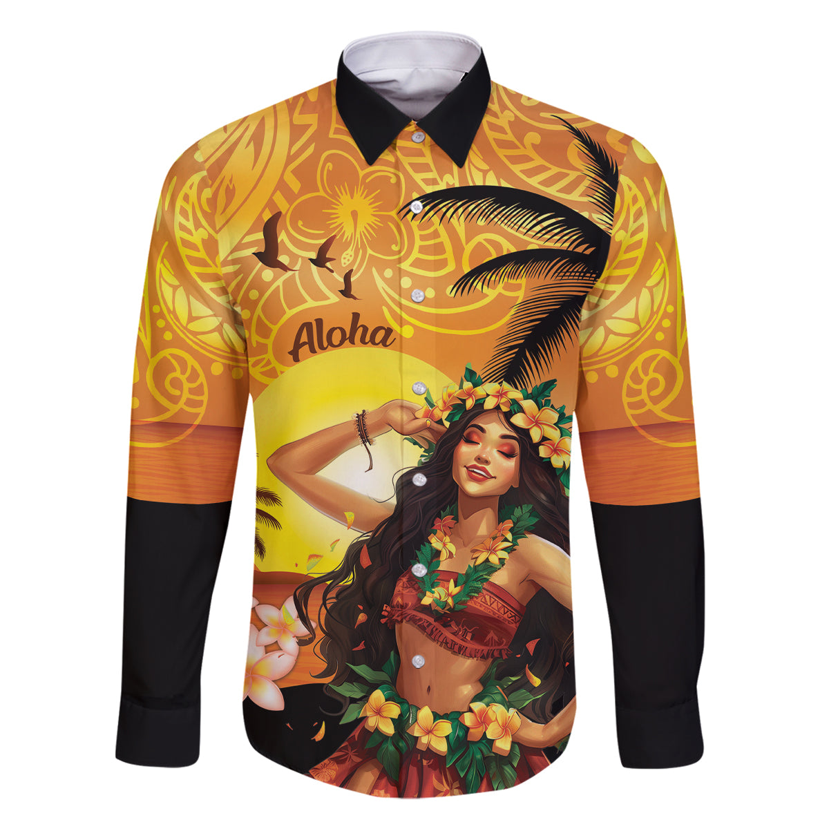 Aloha Hawaii Women's Day Family Matching Off Shoulder Short Dress and Hawaiian Shirt Hula Girl With Sunset Vibes LT14 Dad's Shirt - Long Sleeve Yellow - Polynesian Pride