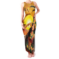 Aloha Hawaii Women's Day Family Matching Tank Maxi Dress and Hawaiian Shirt Hula Girl With Sunset Vibes LT14 Mom's Dress Yellow - Polynesian Pride