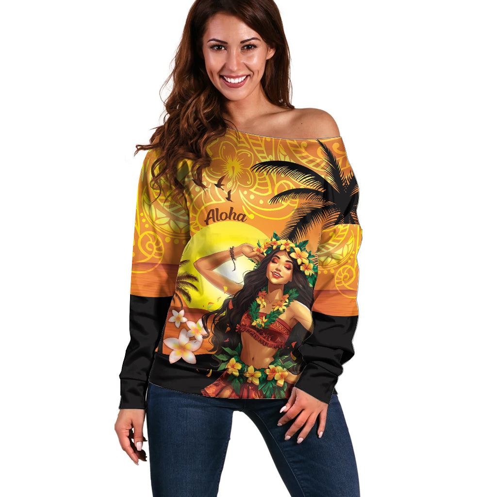 Aloha Hawaii Women's Day Off Shoulder Sweater Hula Girl With Sunset Vibes LT14 Women Yellow - Polynesian Pride