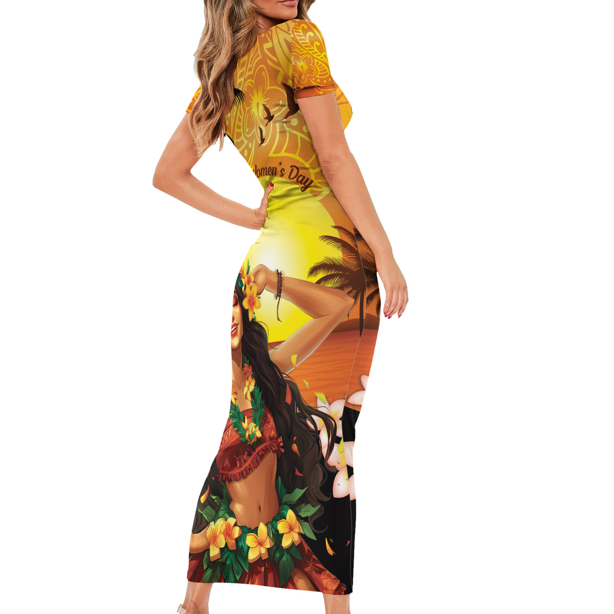 Aloha Hawaii Women's Day Short Sleeve Bodycon Dress Hula Girl With Sunset Vibes LT14 - Polynesian Pride