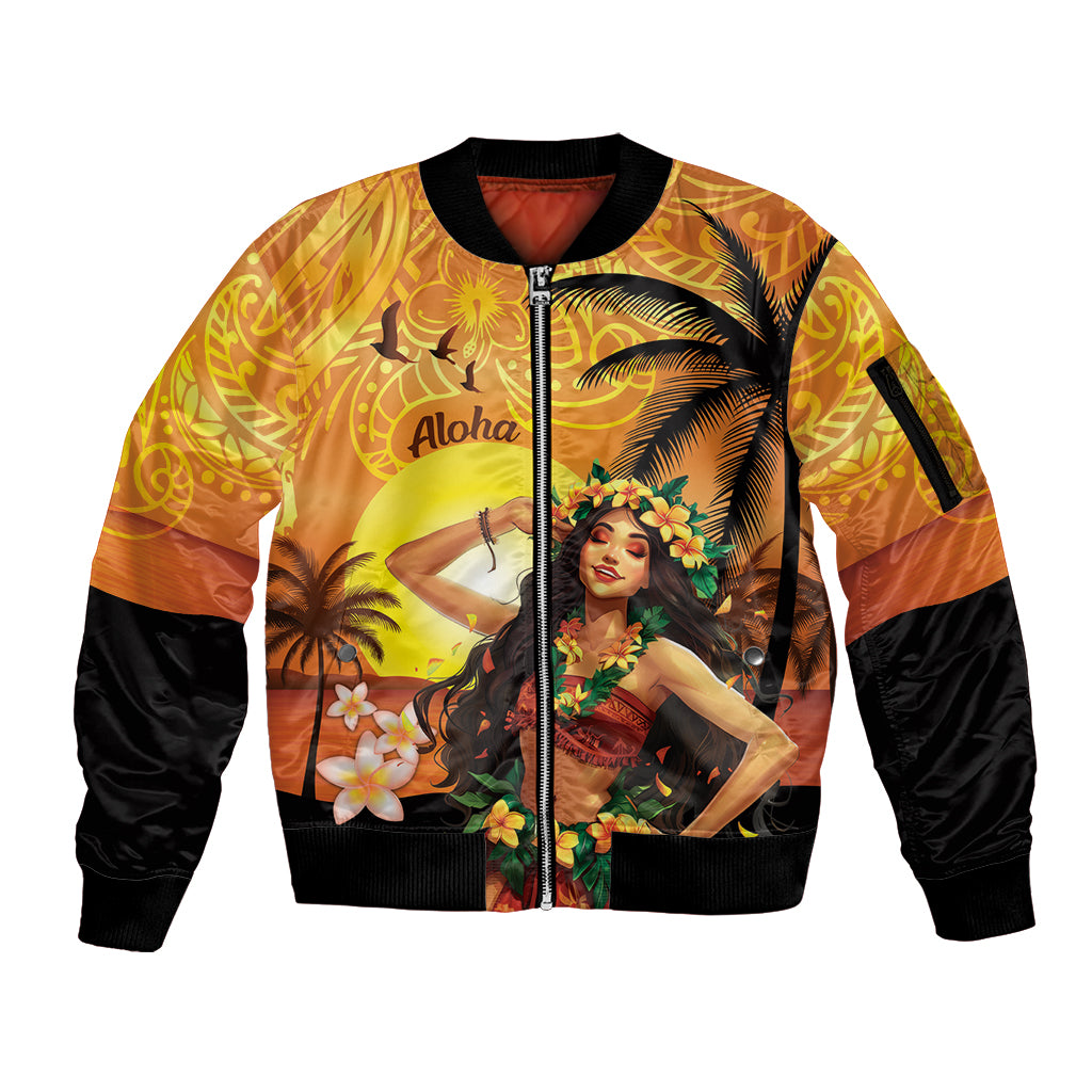 Aloha Hawaii Women's Day Sleeve Zip Bomber Jacket Hula Girl With Sunset Vibes LT14 Unisex Yellow - Polynesian Pride