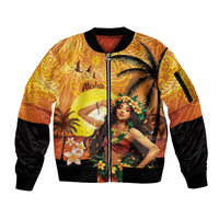 Aloha Hawaii Women's Day Sleeve Zip Bomber Jacket Hula Girl With Sunset Vibes LT14 Unisex Yellow - Polynesian Pride