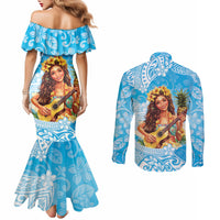Aloha Hawaii Women's Day Couples Matching Mermaid Dress and Long Sleeve Button Shirt Hula Girl With Ukulele Tropical Style LT14 - Polynesian Pride