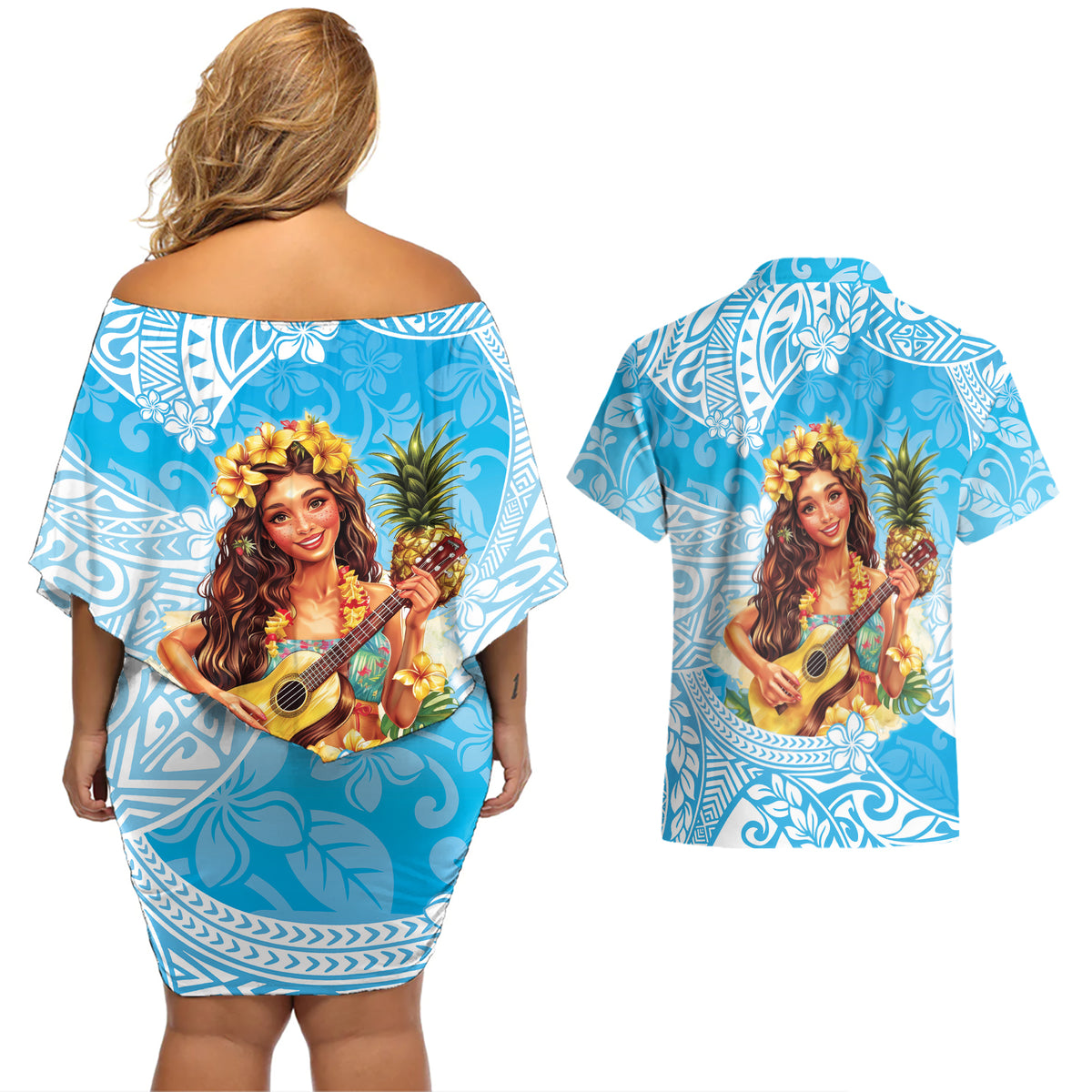 Aloha Hawaii Women's Day Couples Matching Off Shoulder Short Dress and Hawaiian Shirt Hula Girl With Ukulele Tropical Style LT14 - Polynesian Pride