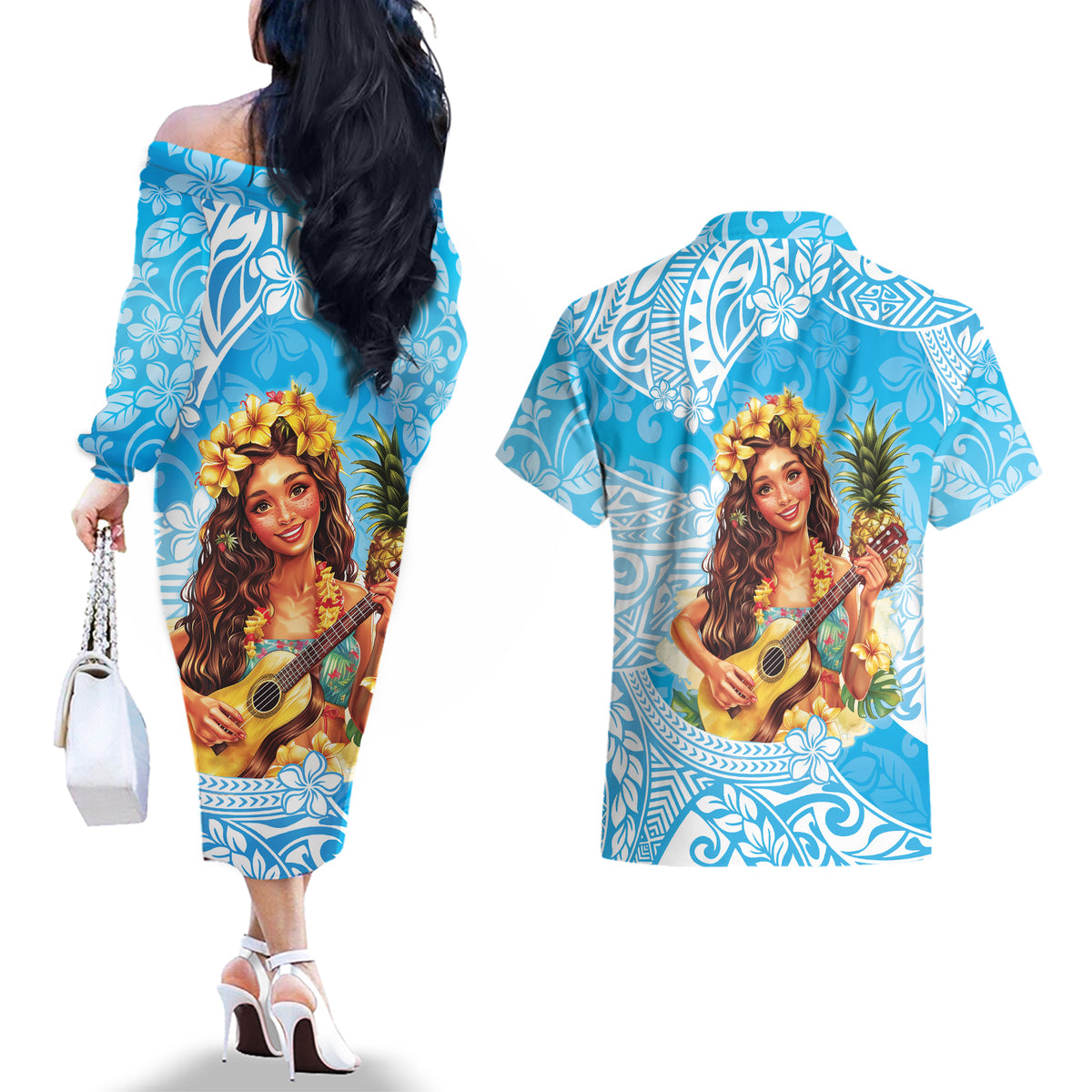 Aloha Hawaii Women's Day Couples Matching Off The Shoulder Long Sleeve Dress and Hawaiian Shirt Hula Girl With Ukulele Tropical Style LT14 - Polynesian Pride