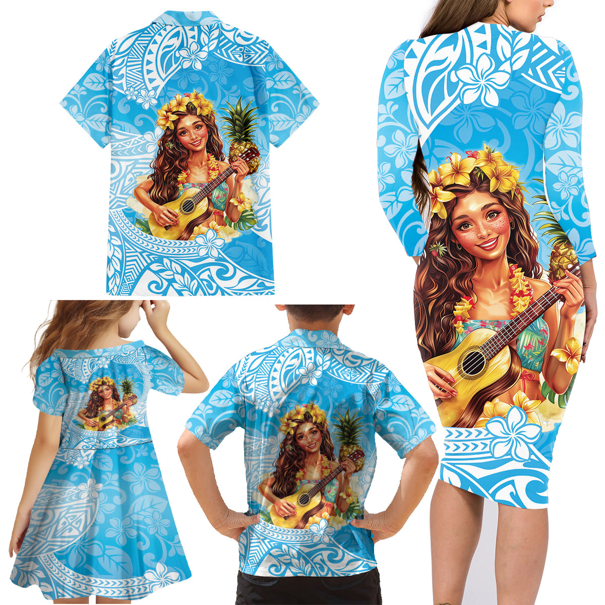 Aloha Hawaii Women's Day Family Matching Long Sleeve Bodycon Dress and Hawaiian Shirt Hula Girl With Ukulele Tropical Style LT14 - Polynesian Pride