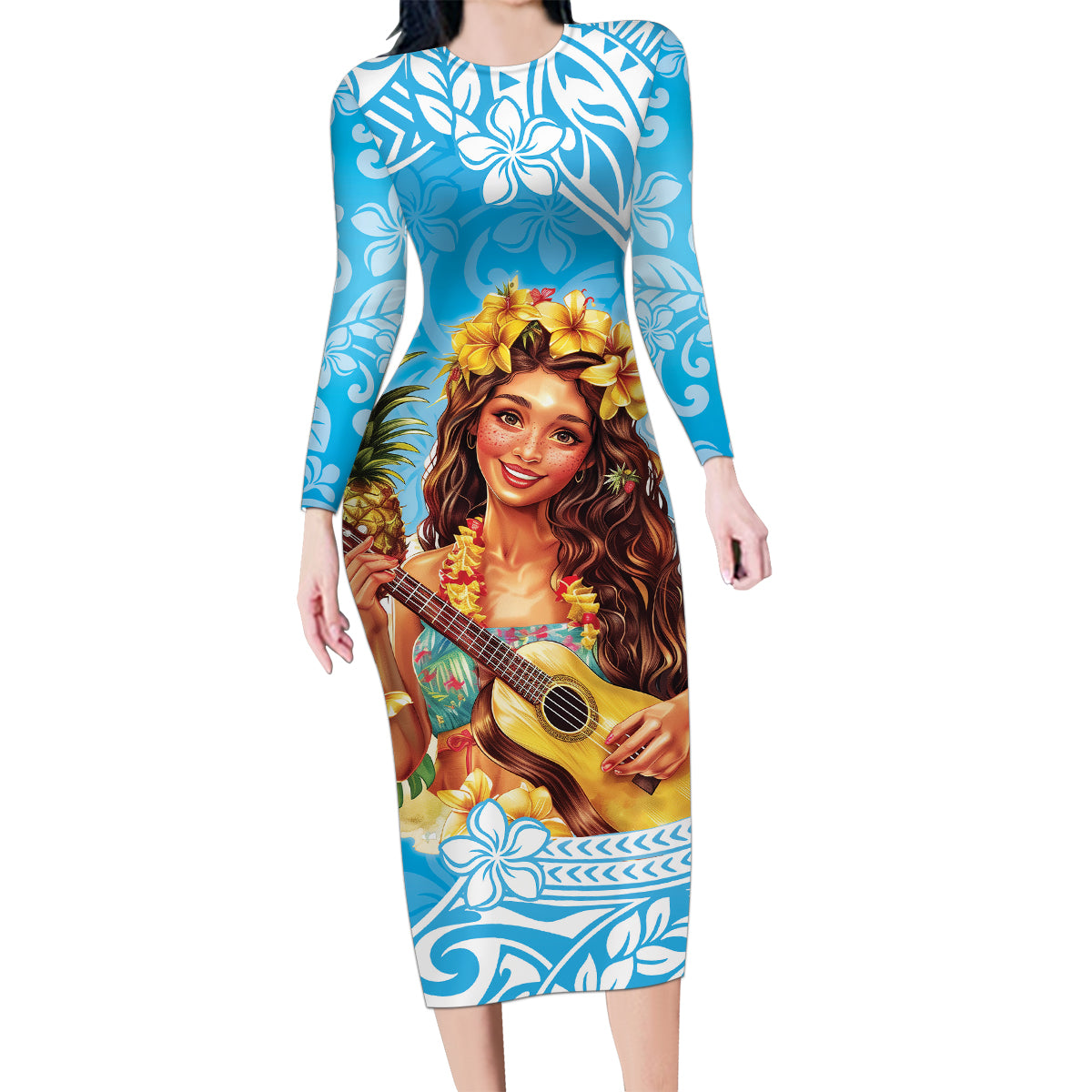 Aloha Hawaii Women's Day Family Matching Long Sleeve Bodycon Dress and Hawaiian Shirt Hula Girl With Ukulele Tropical Style LT14 Mom's Dress Blue - Polynesian Pride