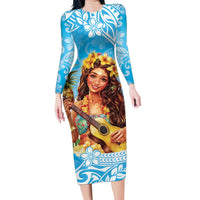 Aloha Hawaii Women's Day Family Matching Long Sleeve Bodycon Dress and Hawaiian Shirt Hula Girl With Ukulele Tropical Style LT14 Mom's Dress Blue - Polynesian Pride
