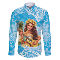 Aloha Hawaii Women's Day Family Matching Mermaid Dress and Hawaiian Shirt Hula Girl With Ukulele Tropical Style LT14 Dad's Shirt - Long Sleeve Blue - Polynesian Pride