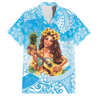 Aloha Hawaii Women's Day Family Matching Off Shoulder Long Sleeve Dress and Hawaiian Shirt Hula Girl With Ukulele Tropical Style LT14 Dad's Shirt - Short Sleeve Blue - Polynesian Pride