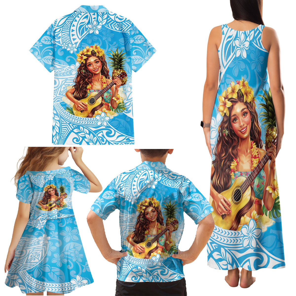 Aloha Hawaii Women's Day Family Matching Tank Maxi Dress and Hawaiian Shirt Hula Girl With Ukulele Tropical Style LT14 - Polynesian Pride
