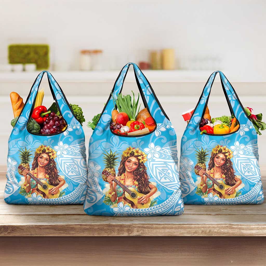 Aloha Hawaii Women's Day Grocery Bag Hula Girl With Ukulele Tropical Style