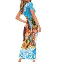 Aloha Hawaii Women's Day Short Sleeve Bodycon Dress Hula Girl With Ukulele Tropical Style LT14 - Polynesian Pride
