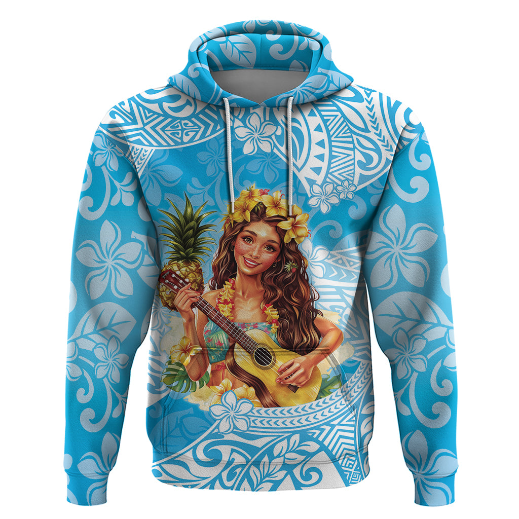 Aloha Hawaii Women's Day Zip Hoodie Hula Girl With Ukulele Tropical Style LT14 Pullover Hoodie Blue - Polynesian Pride