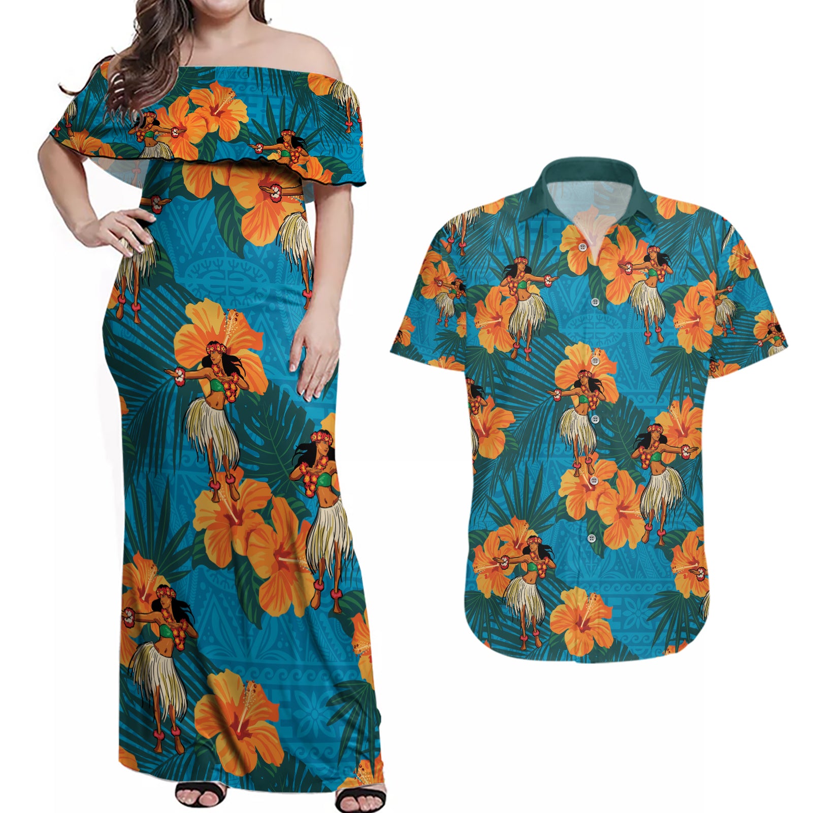 Hawaii Luau Party Couples Matching Off Shoulder Maxi Dress and Hawaiian Shirt Dancing Girl Tropical Flowers LT14 Blue - Polynesian Pride