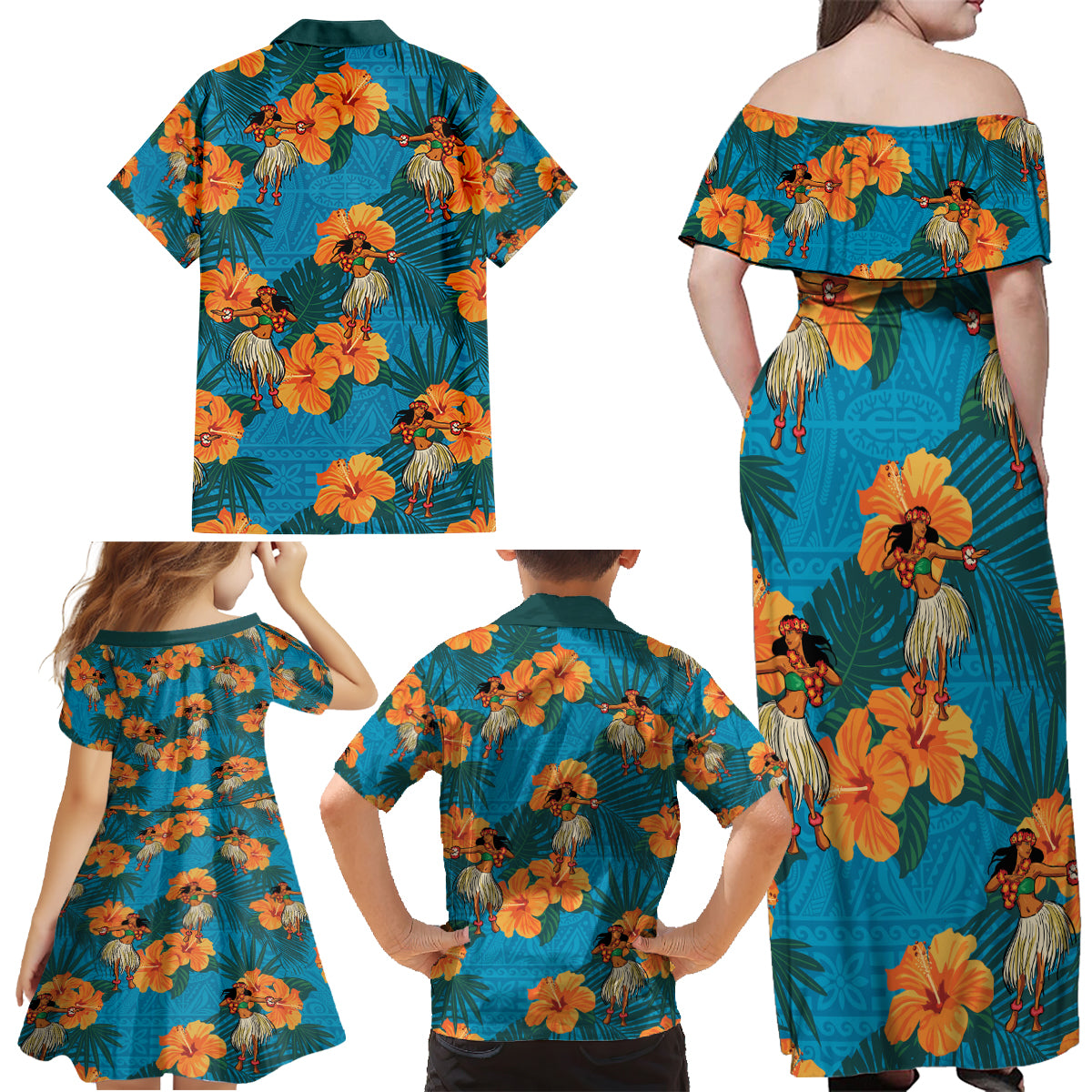 Hawaii Luau Party Family Matching Off Shoulder Maxi Dress and Hawaiian Shirt Dancing Girl Tropical Flowers LT14 - Polynesian Pride