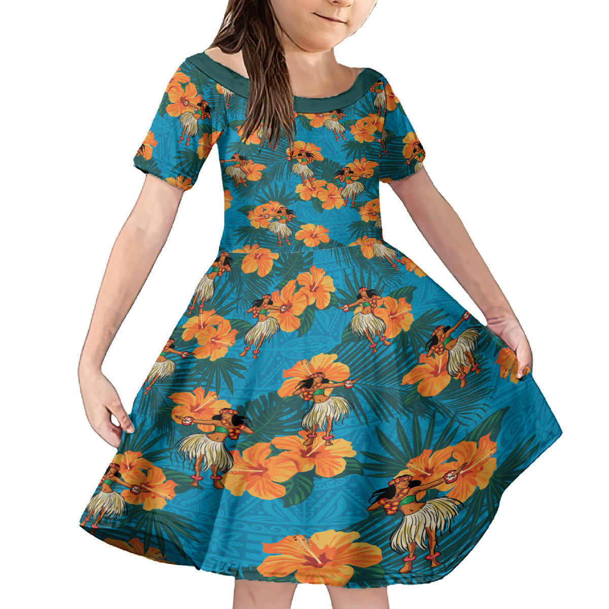 Hawaii Luau Party Family Matching Puletasi and Hawaiian Shirt Dancing Girl Tropical Flowers LT14 Daughter's Dress Blue - Polynesian Pride