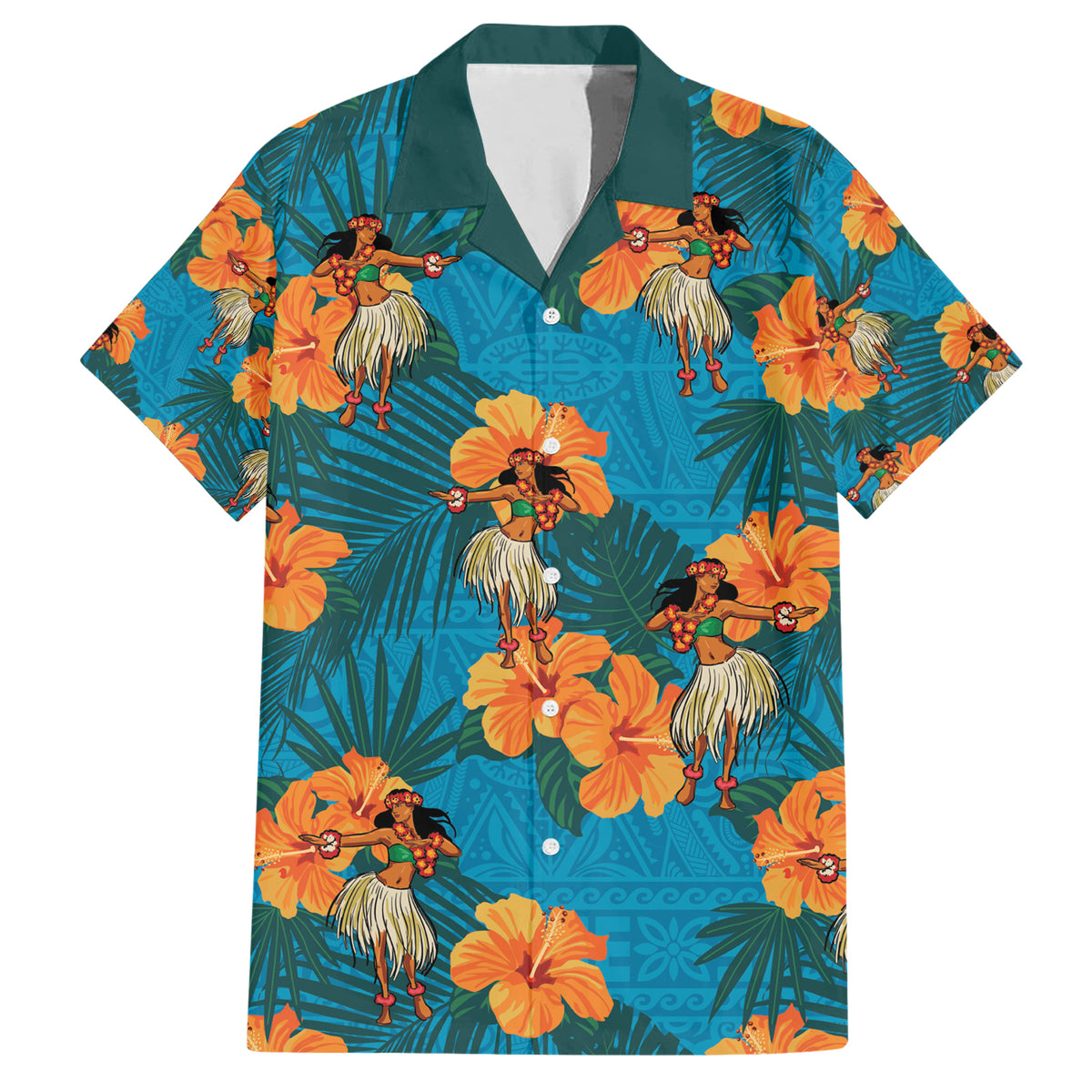 Hawaii Luau Party Hawaiian Shirt Dancing Girl Tropical Flowers LT14 Blue - Polynesian Pride