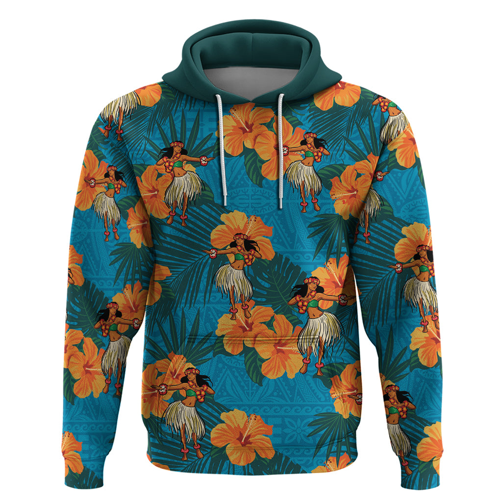 Hawaii Luau Party Hoodie Dancing Girl Tropical Flowers LT14 Pullover Hoodie Blue - Polynesian Pride