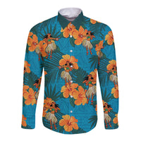 Hawaii Luau Party Long Sleeve Button Shirt Dancing Girl Tropical Flowers LT14 Unisex Blue - Polynesian Pride