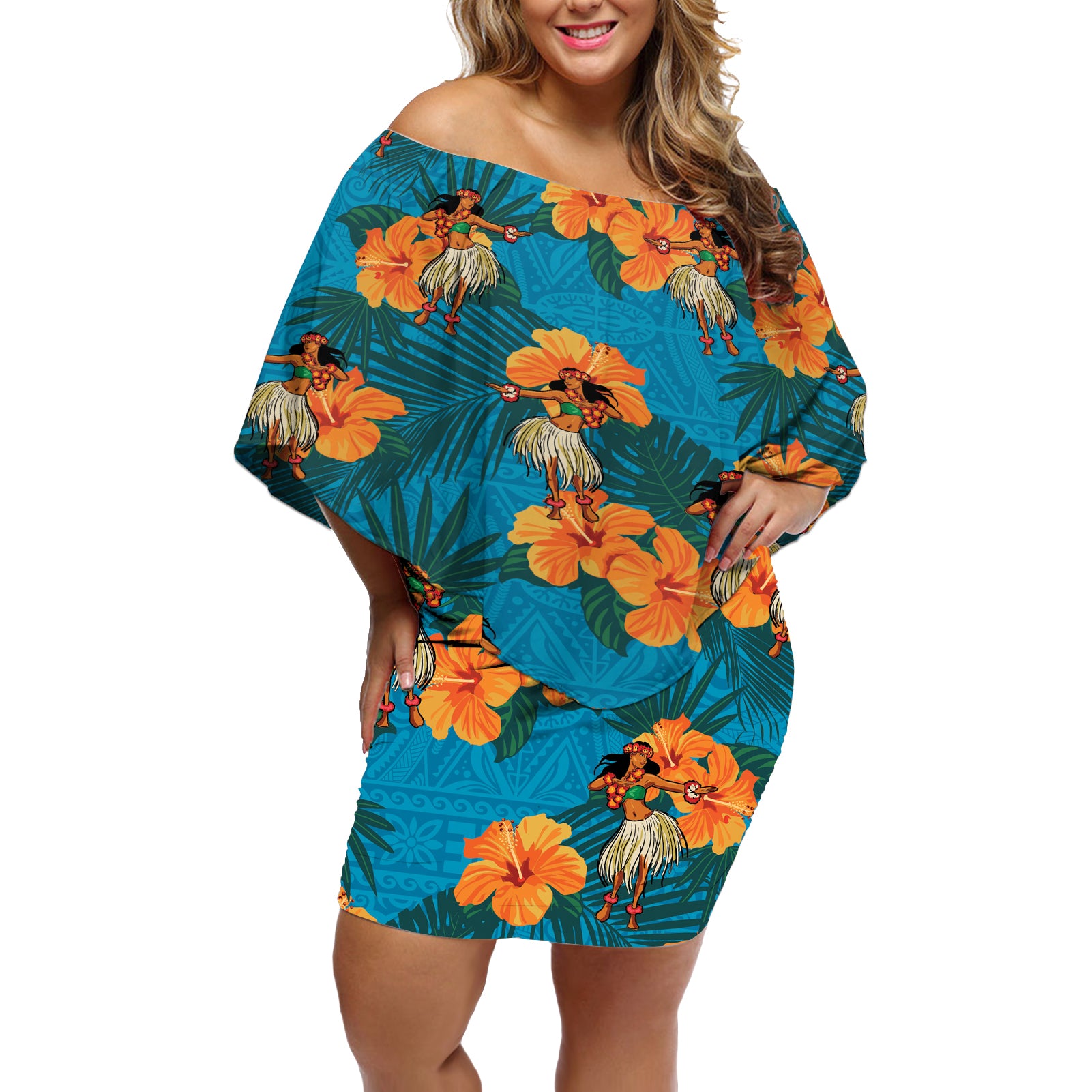 Hawaii Luau Party Off Shoulder Short Dress Dancing Girl Tropical Flowers LT14 Women Blue - Polynesian Pride